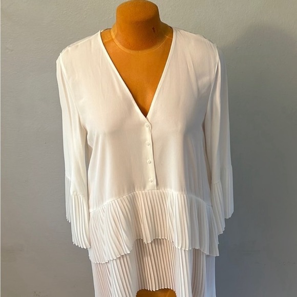 ZARA White PLEATED DRESS BLOUSE TUNIC Flowing V-neck blouse long sleeves - Picture 14 of 15